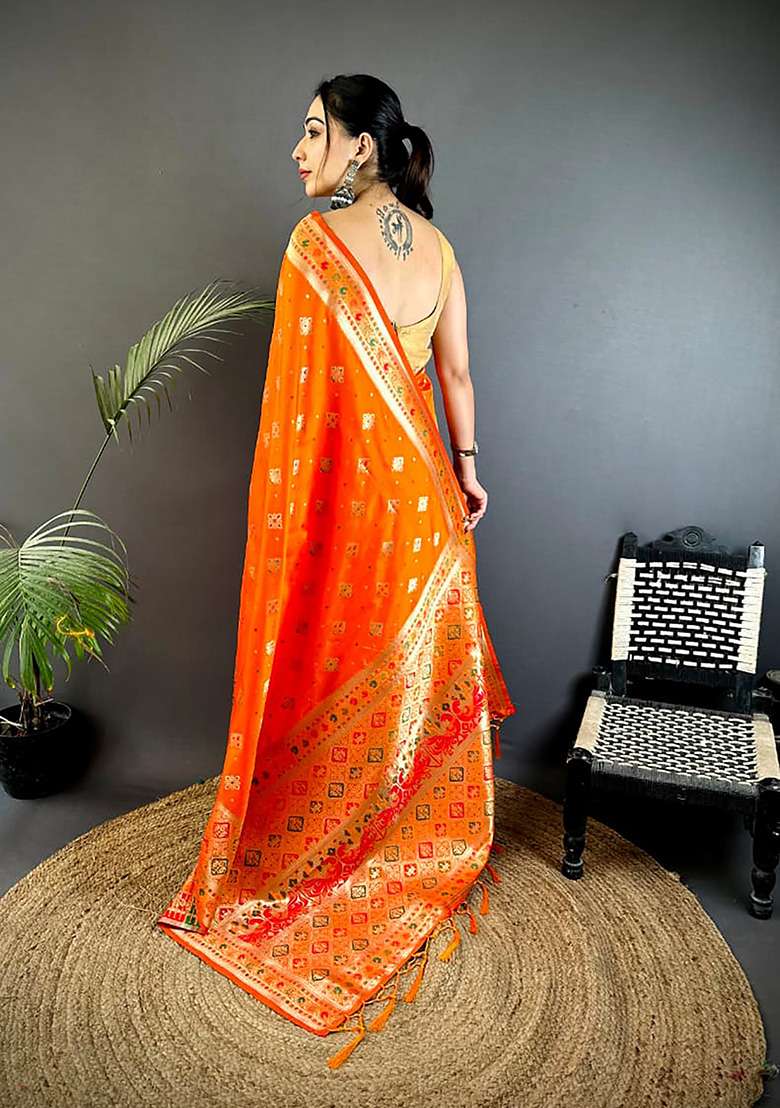 Orange Meenakari Weaving Silk Blend Saree Set for Diwali and Festive Wear - Indya