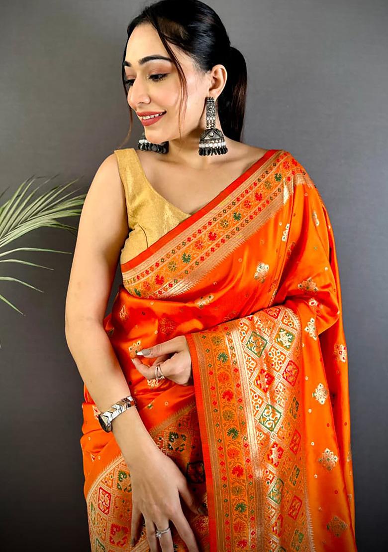 Orange Meenakari Weaving Silk Saree Set - Indya