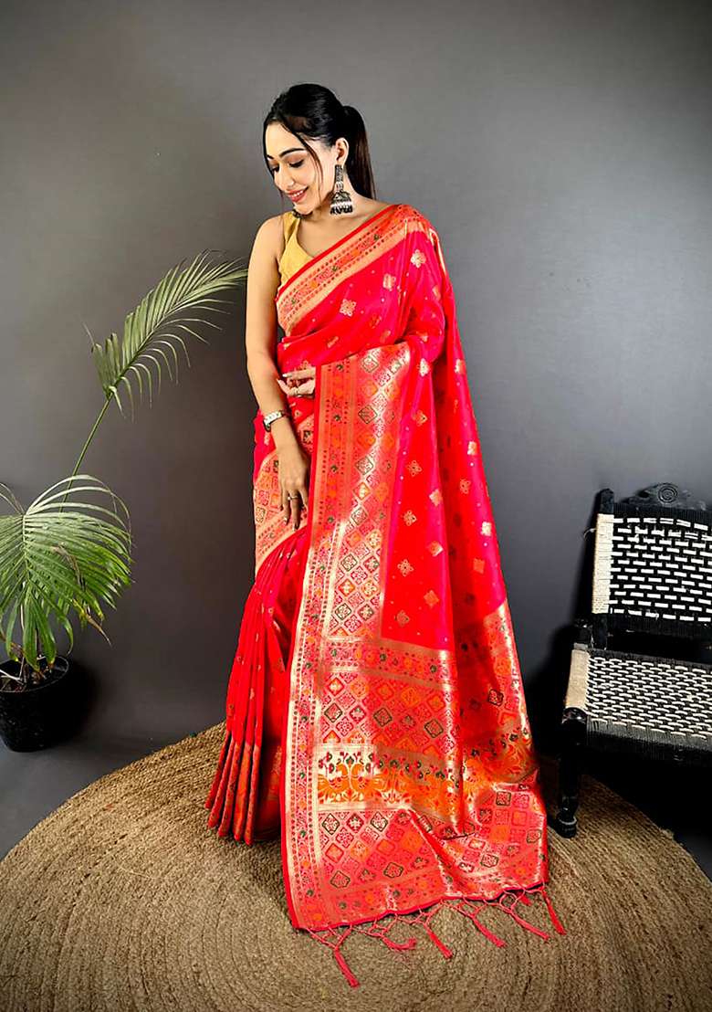 Red Meenakari Weaving Silk Blend Saree Set for Diwali | Wedding & Festive Wear - Indya