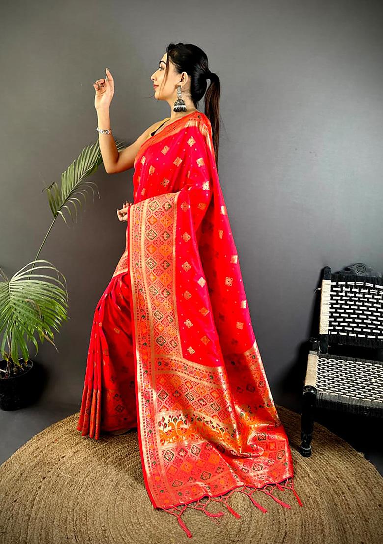 Red Meenakari Weaving Silk Saree Set - Indya