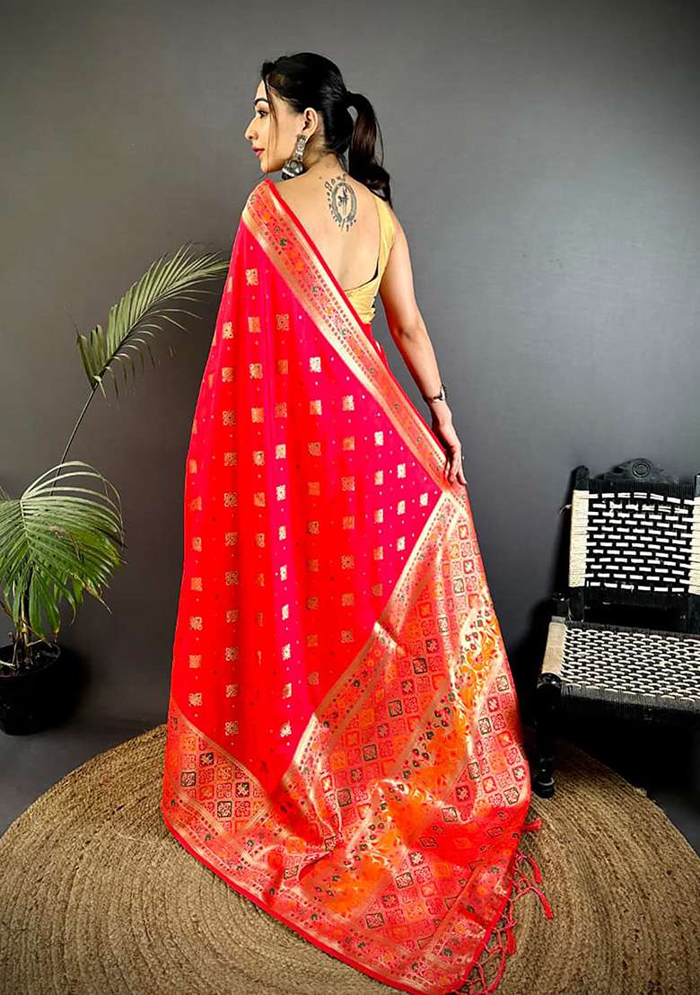 Red Meenakari Weaving Silk Blend Saree Set for Diwali | Wedding & Festive Wear - Indya