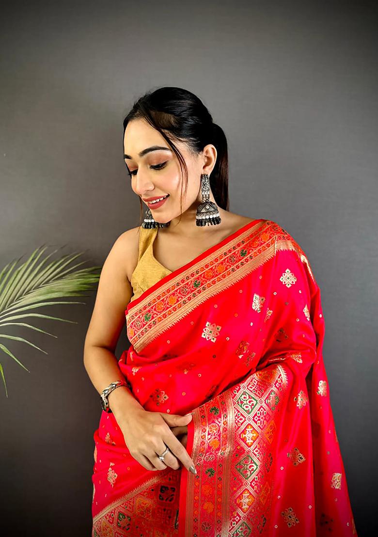 Red Meenakari Weaving Silk Saree Set - Indya