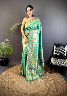 Sea Green Meenakari Weaving Silk Saree Set