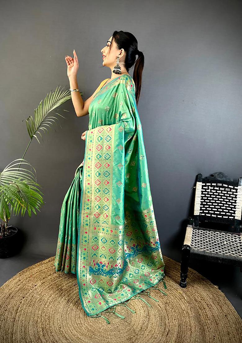 Sea Green Meenakari Weaving Silk Saree Set - Indya
