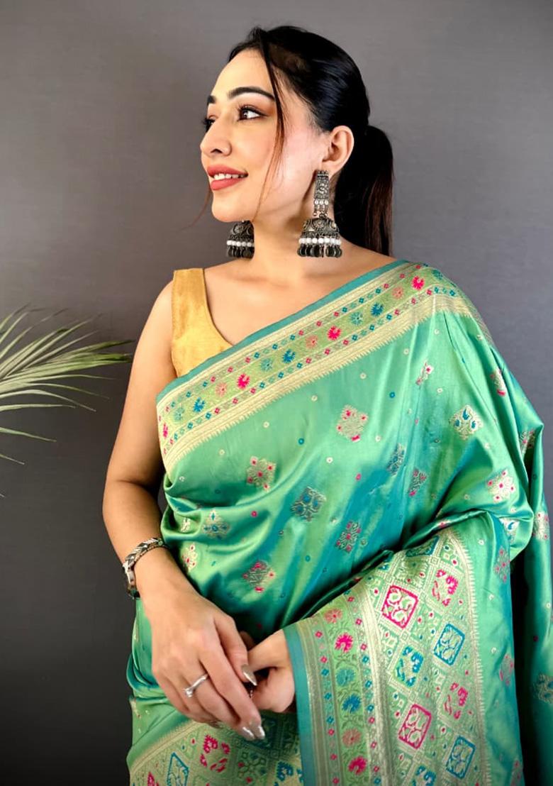 Sea Green Meenakari Weaving Silk Saree Set - Indya