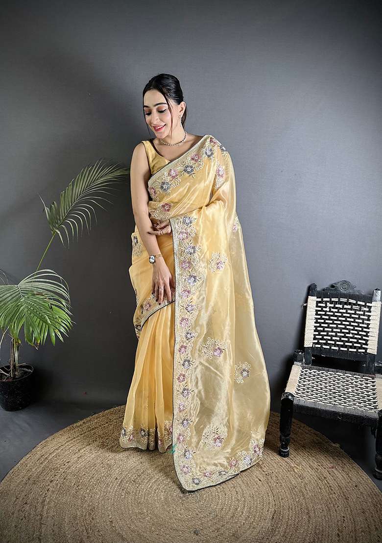 Bright Yellow Sequins Silk Blend Saree Set for Diwali and Festive Wear - Indya