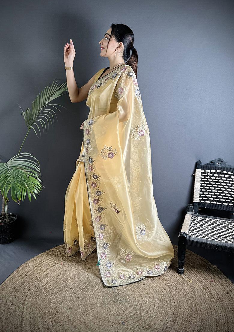 Bright Yellow Sequins Silk Saree Set - Indya