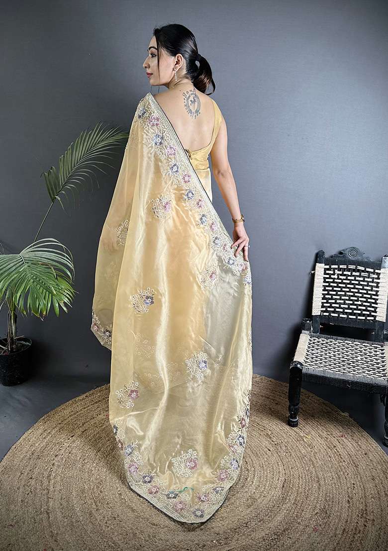 Bright Yellow Sequins Silk Blend Saree Set for Diwali and Festive Wear - Indya