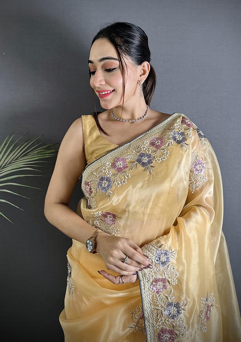 Bright Yellow Sequins Silk Saree Set - Indya