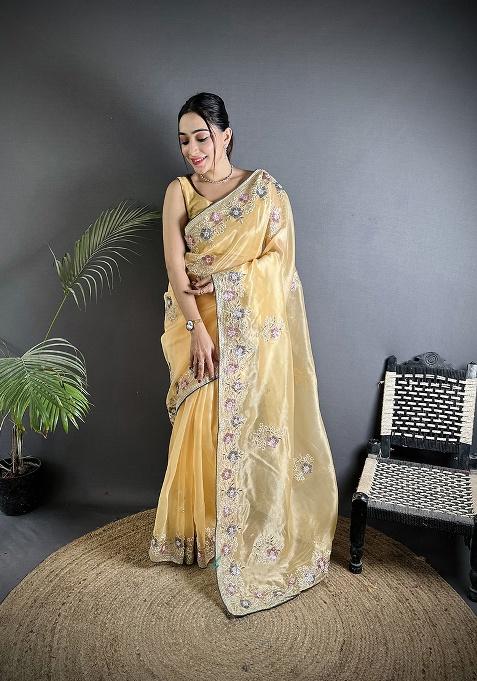 Bright Yellow Sequins Silk Saree Set