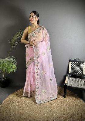Light Pink Sequins Silk Saree Set