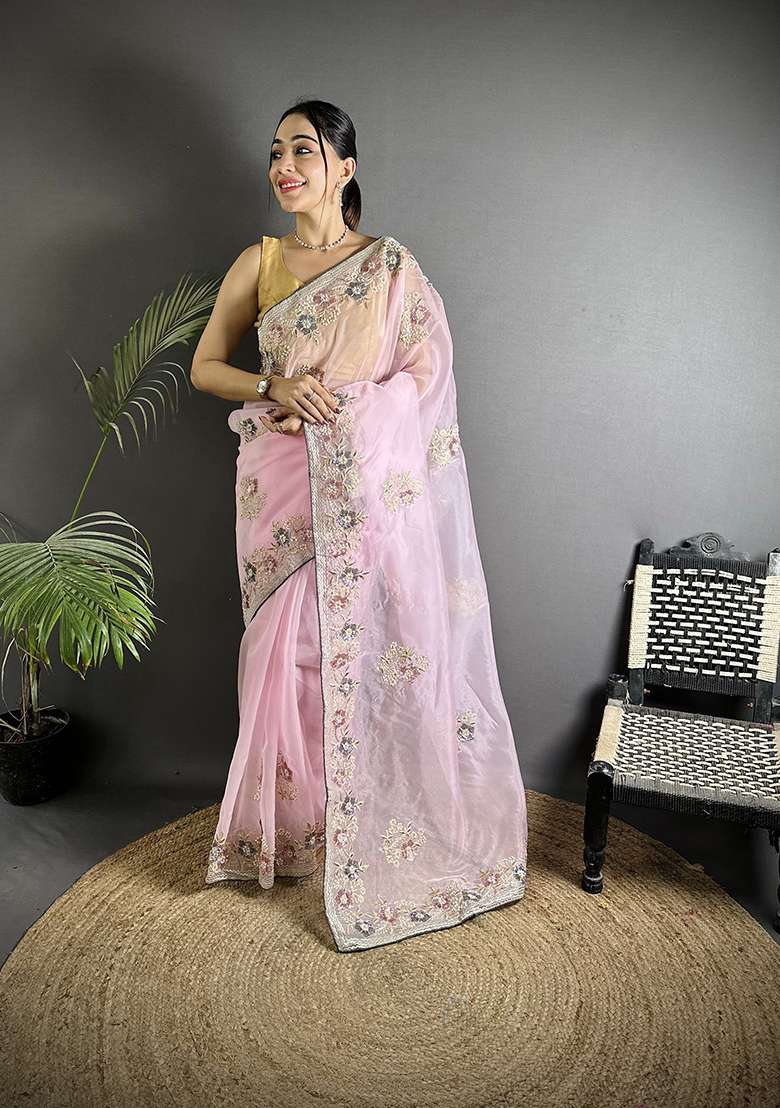 Light Pink Sequins Silk Blend Saree Set for Diwali and Festive Wear - Indya
