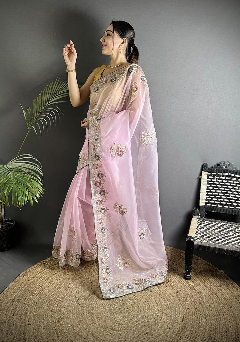 Light Pink Sequins Silk Saree Set - Indya