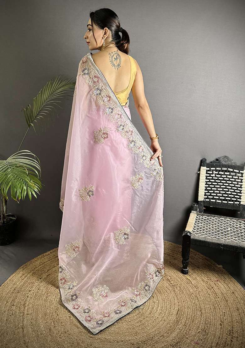 Light Pink Sequins Silk Blend Saree Set for Diwali and Festive Wear - Indya
