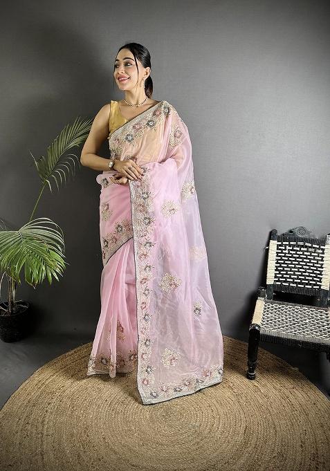 Light Pink Sequins Silk Saree Set