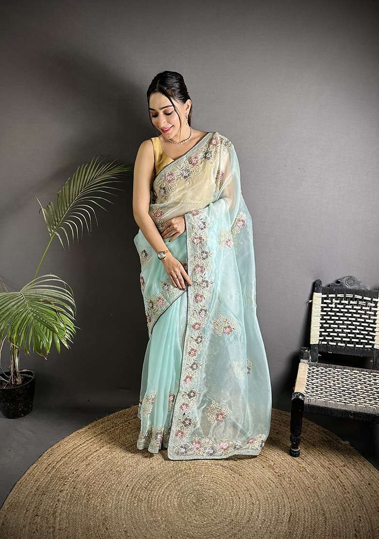 Sky Blue Silk Blend Saree Set with Sequins for Diwali | Wedding & Festive Wear - Indya
