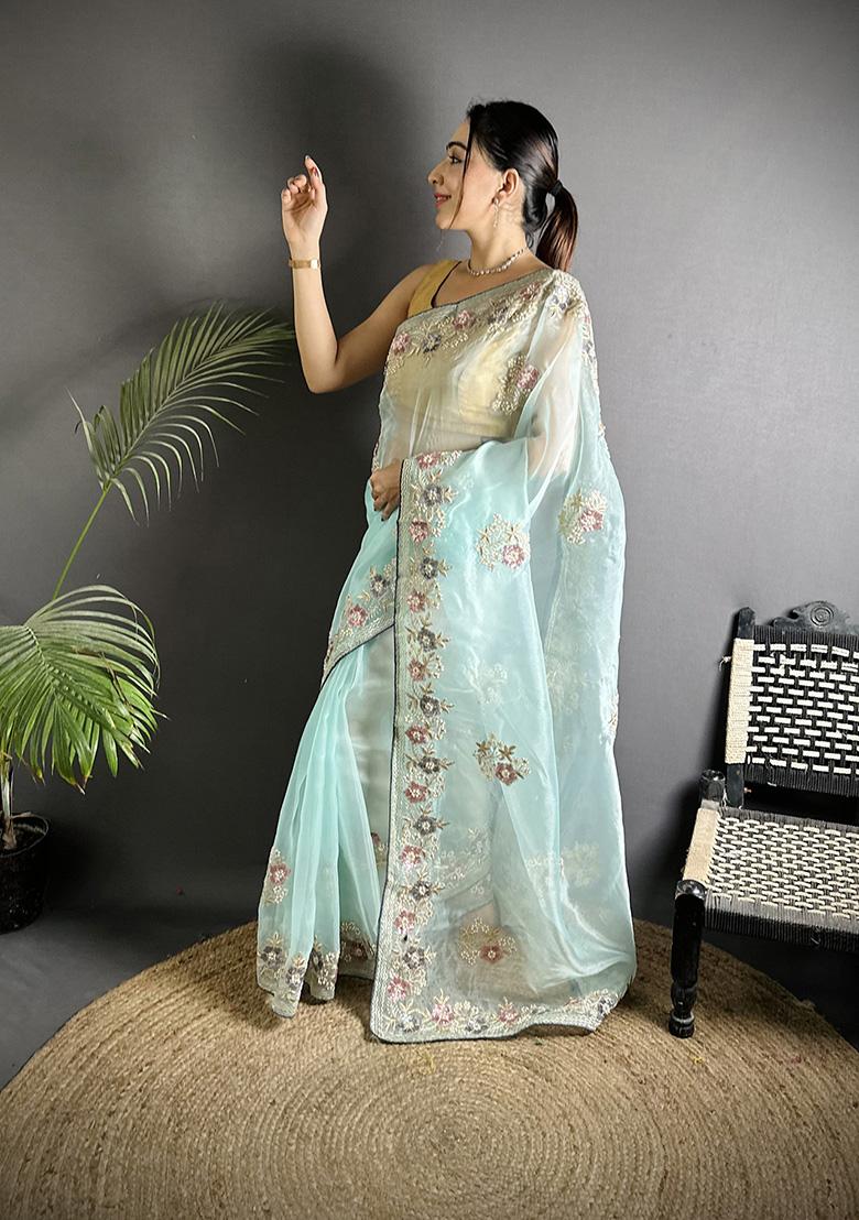 Sky Blue Sequins Silk Saree Set - Indya