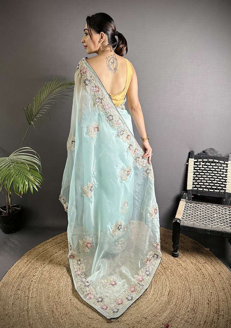 Sky Blue Silk Blend Saree Set with Sequins for Diwali | Wedding & Festive Wear - Indya