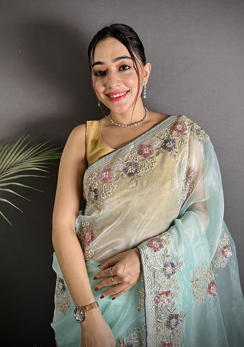 Sky Blue Sequins Silk Saree Set - Indya