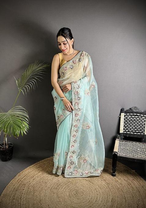 Sky Blue Sequins Silk Saree Set