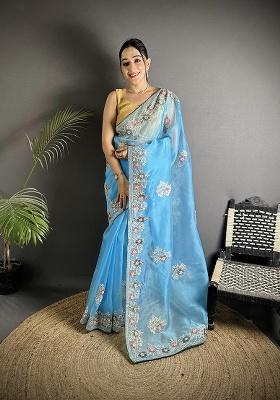 Light Turquoise Sequins Silk Saree Set