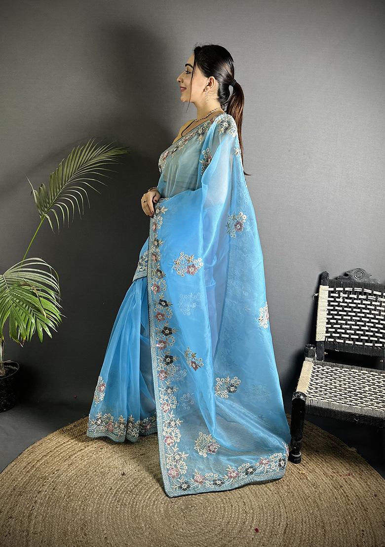 Light Turquoise Sequins Silk Saree Set - Indya