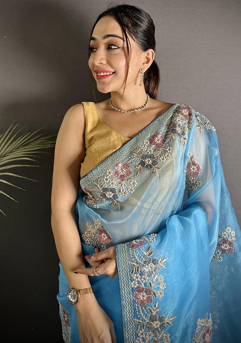 Light Turquoise Sequins Silk Saree Set - Indya
