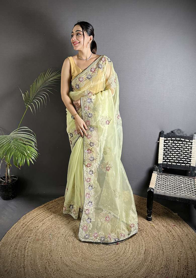 Pale Prime Yellow Silk Blend Saree Set with Sequins for Diwali | Wedding & Festive Wear - Indya