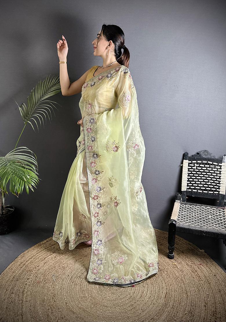 Pale Prime Yellow Sequins Silk Saree Set - Indya