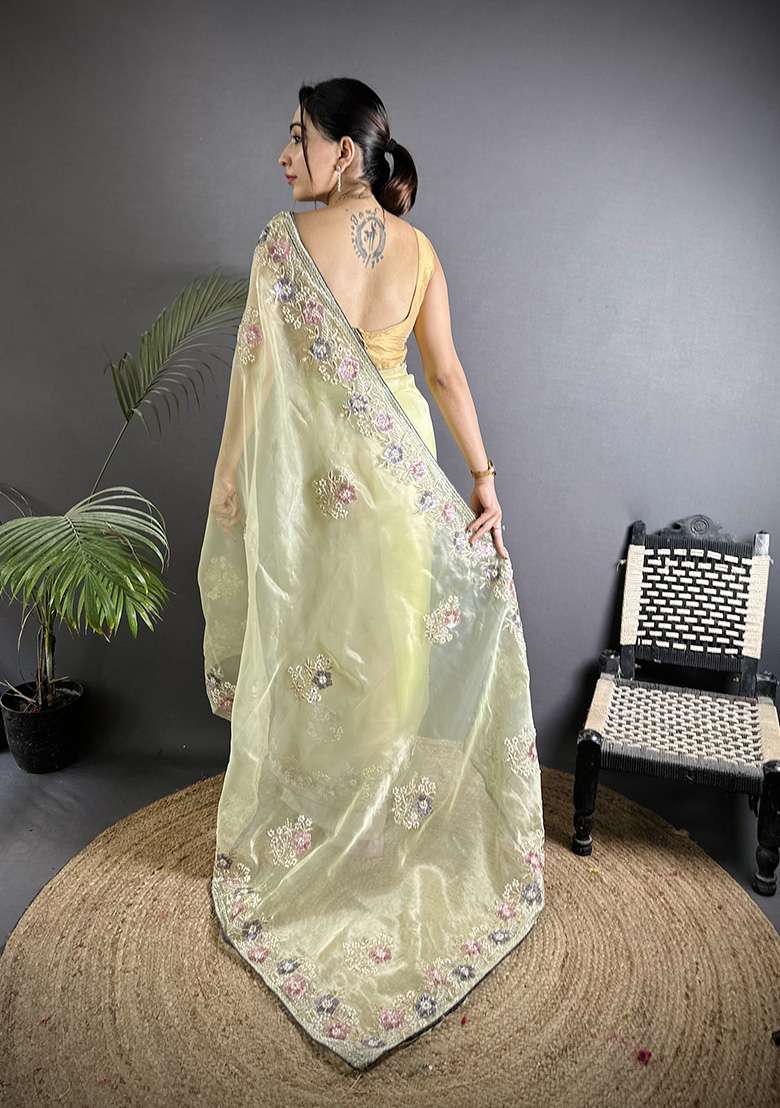 Pale Prime Yellow Silk Blend Saree Set with Sequins for Diwali | Wedding & Festive Wear - Indya