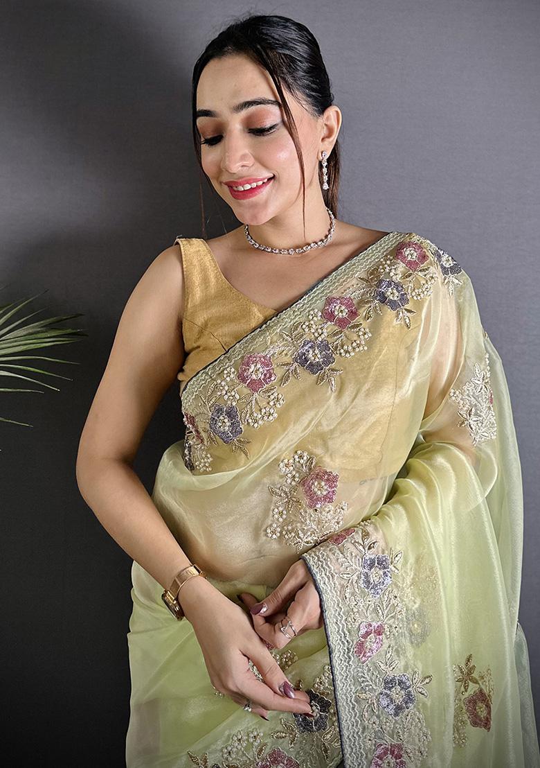 Pale Prime Yellow Sequins Silk Saree Set - Indya