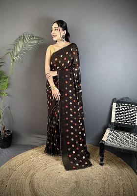 Black Polka Dot Pattern Silk Saree Set