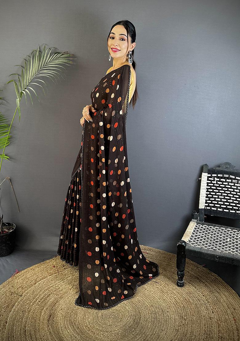 Black Polka Dot Pattern Silk Saree Set - Indya