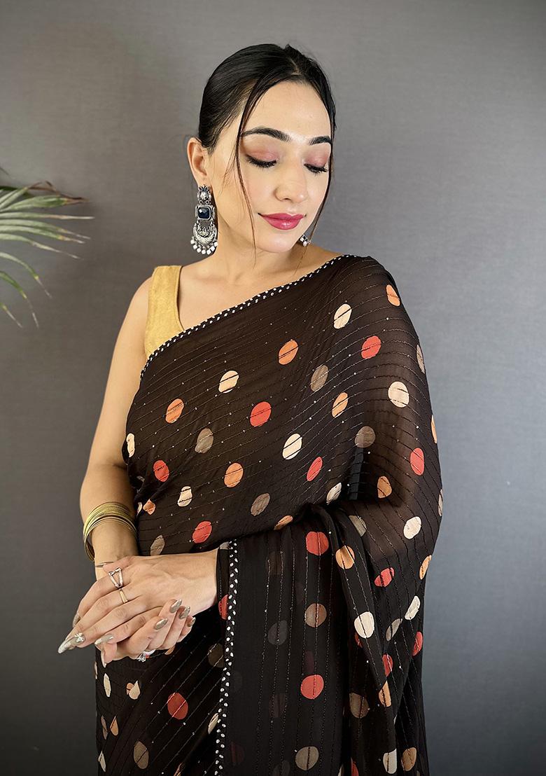 Black Polka Dot Pattern Silk Saree Set - Indya