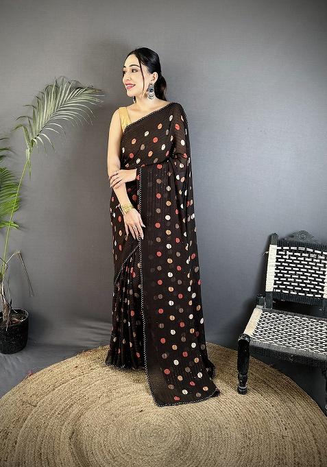 Black Polka Dot Pattern Silk Saree Set