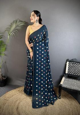 Deep Blue Polka Dot Pattern Silk Saree Set
