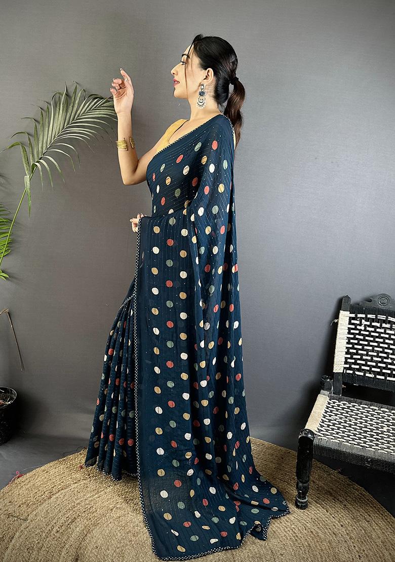 Deep Blue Polka Dot Pattern Silk Saree Set - Indya