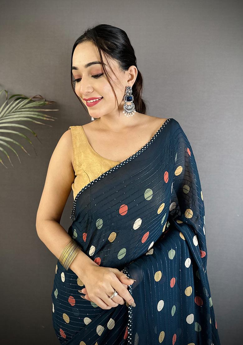 Deep Blue Polka Dot Pattern Silk Saree Set - Indya
