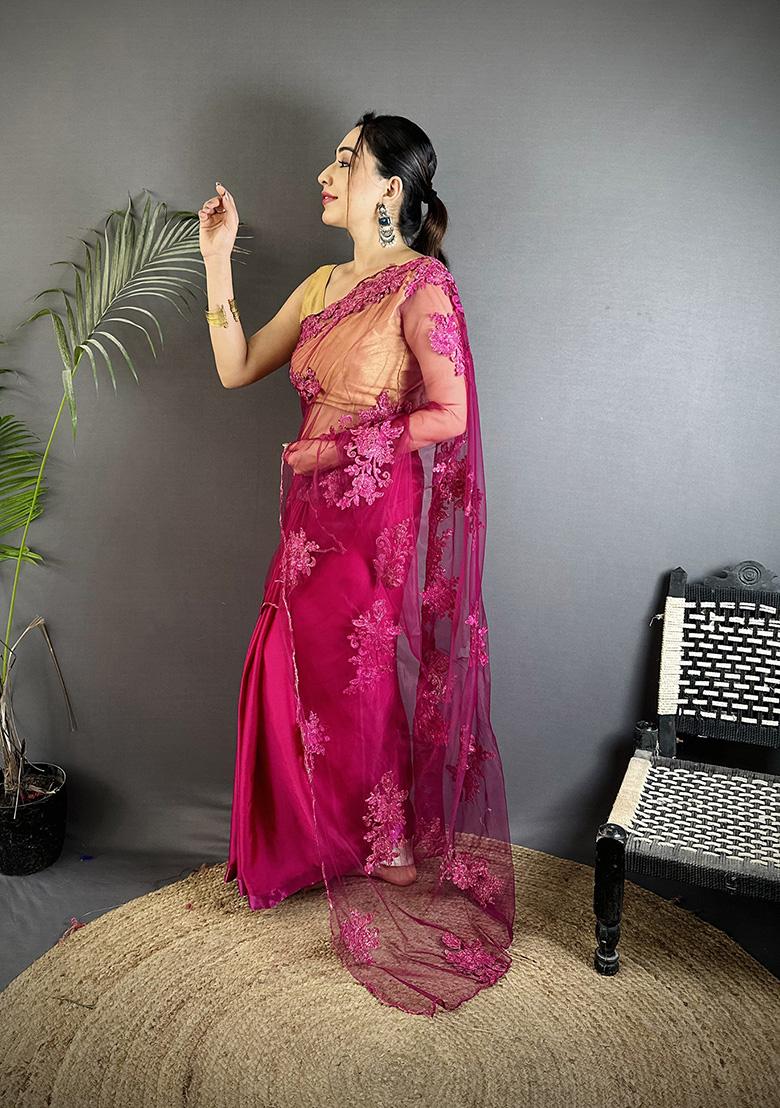 Fuchsia Floral Print Silk Saree Set - Indya