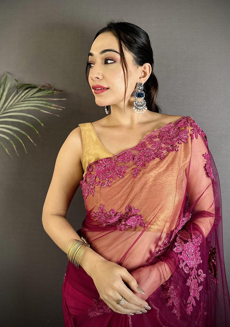 Fuchsia Floral Print Silk Saree Set - Indya