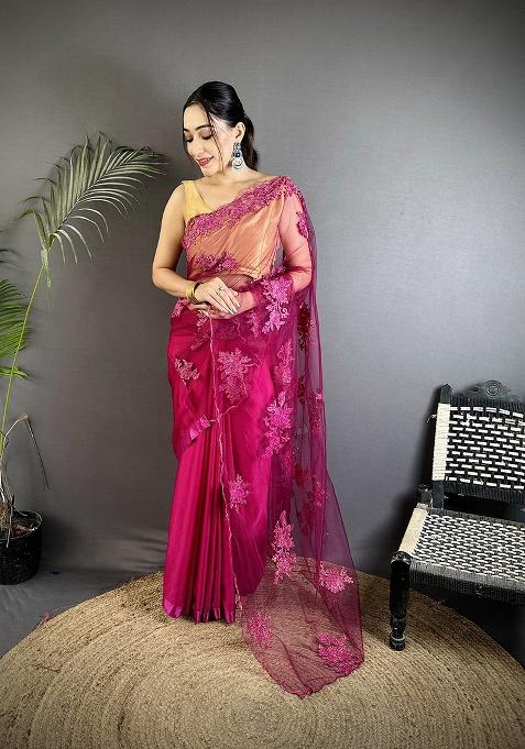 Fuchsia Floral Print Silk Saree Set
