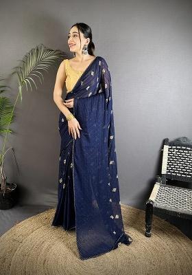 Navy Blue Polka Dot Pattern Silk Saree Set