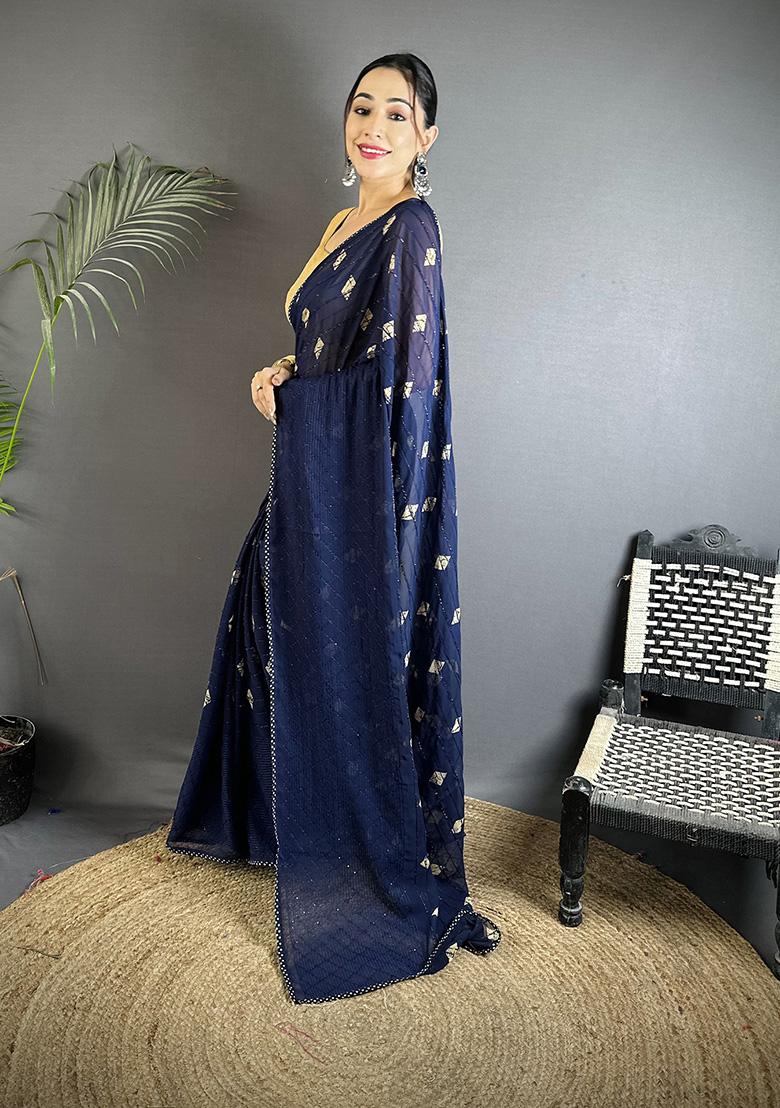Navy Blue Polka Dot Pattern Silk Saree Set - Indya