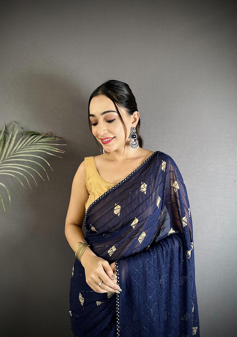Navy Blue Polka Dot Pattern Silk Saree Set - Indya