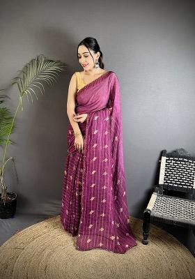 Purple Polka Dot Pattern Silk Saree Set