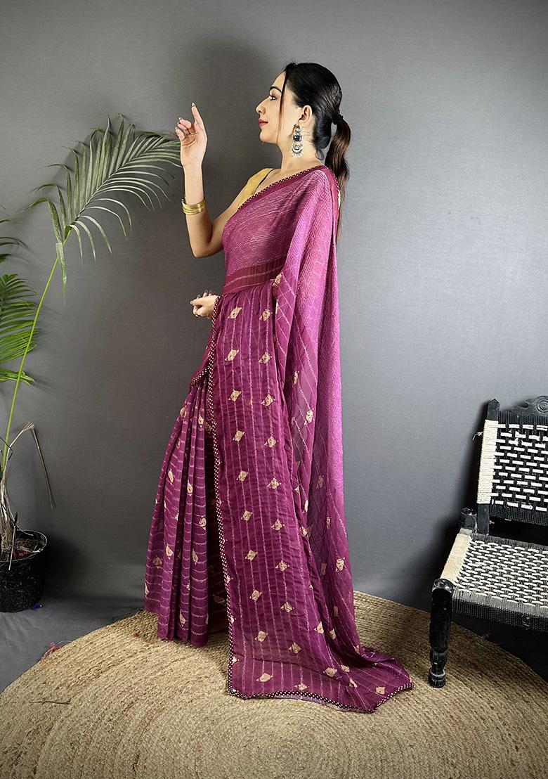 Purple Polka Dot Pattern Silk Saree Set - Indya
