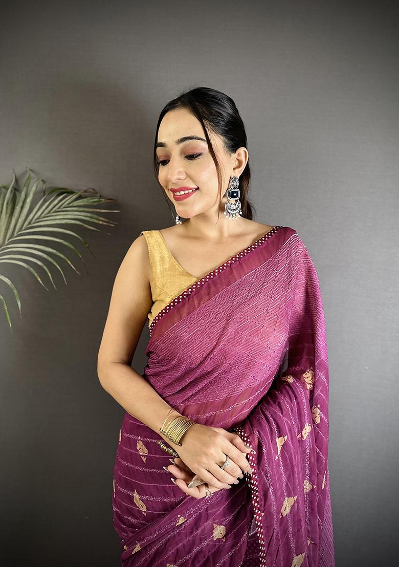 Purple Polka Dot Pattern Silk Saree Set - Indya