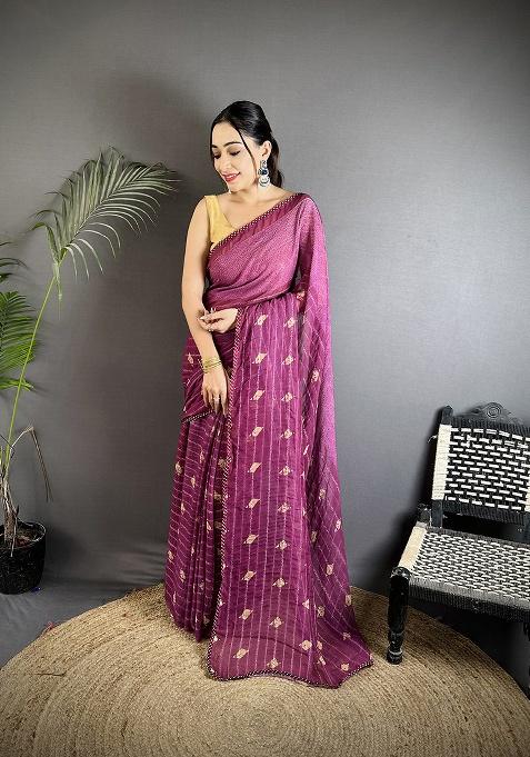 Purple Polka Dot Pattern Silk Saree Set