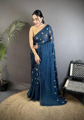 Blue Polka Dot Pattern Silk Saree Set