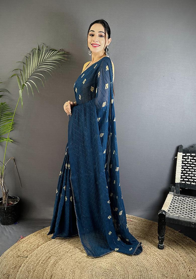 Blue Polka Dot Pattern Silk Saree Set - Indya